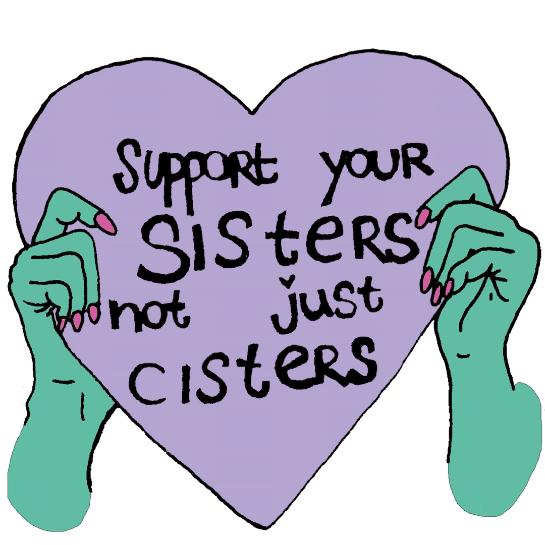 Text >>Support your sisters<< written on a heart shown by two hands